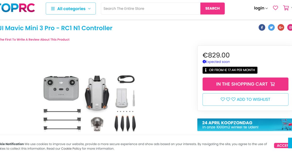 Swoop_Hub's tweet card. A Dutch retailer has created a listing for DJI Mini 3 Pro which tells us the complete specs and features of the sub-250-gram drone.