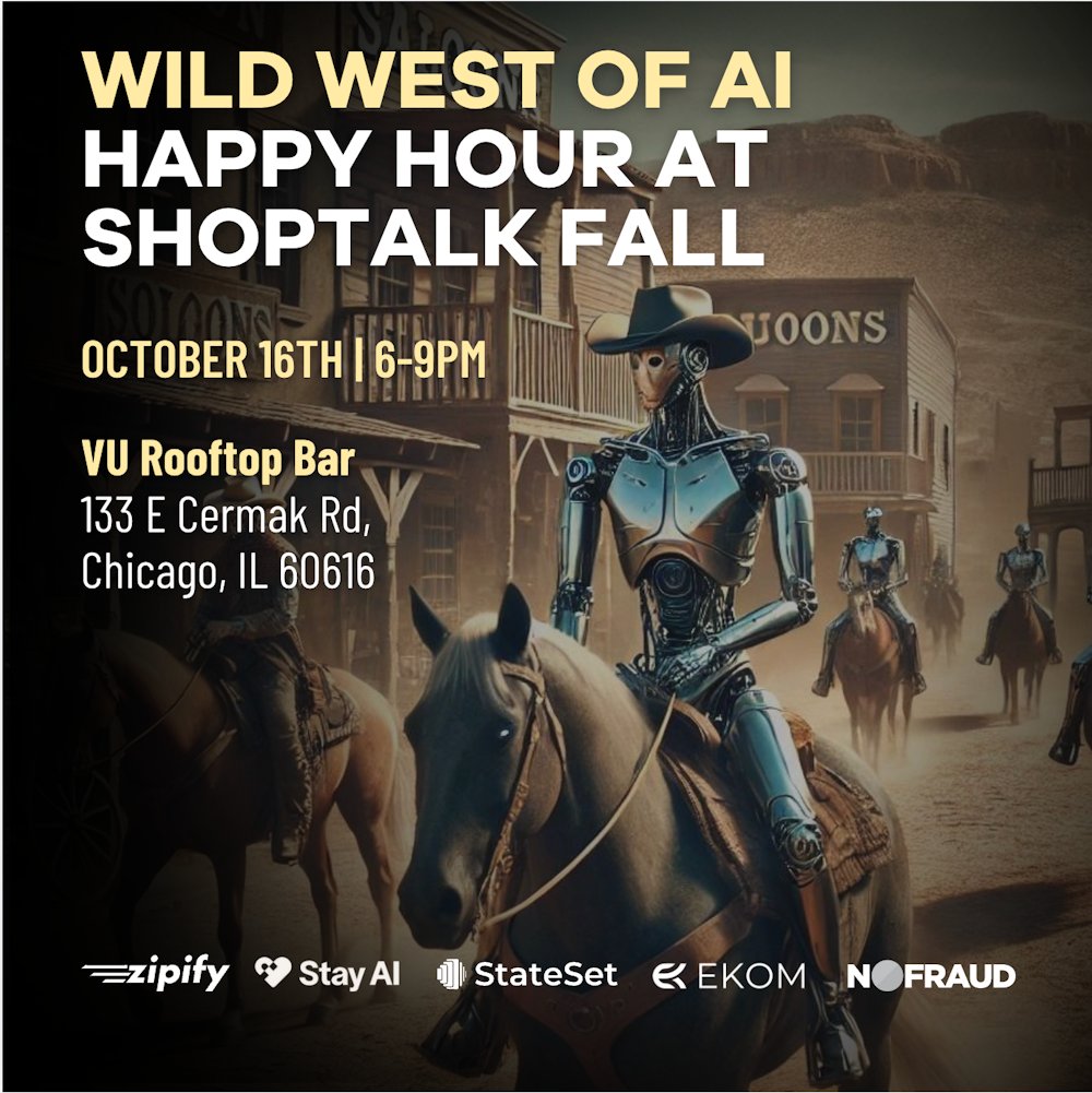 GetStayAI's tweet card. 🤠 Ready to wrangle the Wild West of AI Automation this Q4? We’re hosting a Happy Hour at Shoptalk Fall to gear up for Black Friday and the holidays. 🛍️ Join us at the marvelous VU Rooftop in...