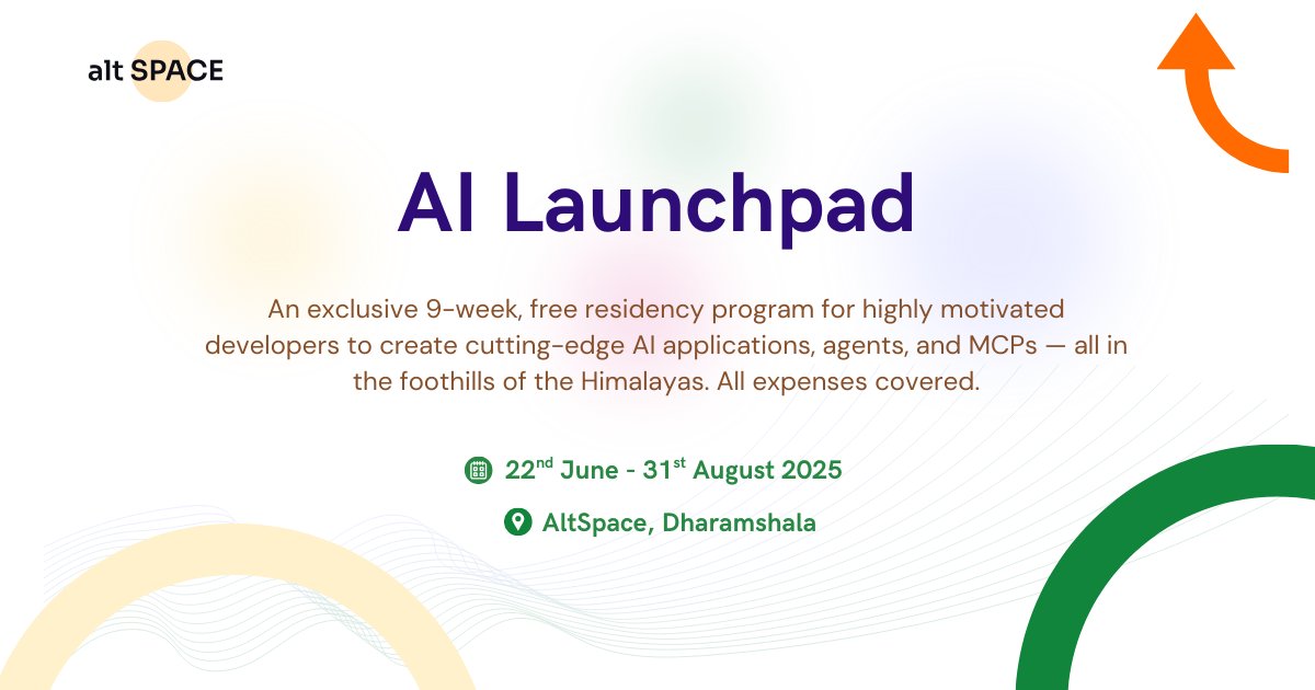 at_altspace's tweet card. Join an exclusive 9-week, free residency program for highly motivated developers to create cutting-edge AI applications, agents, and MCPs in the foothills of the Himalayas. All expenses covered.
