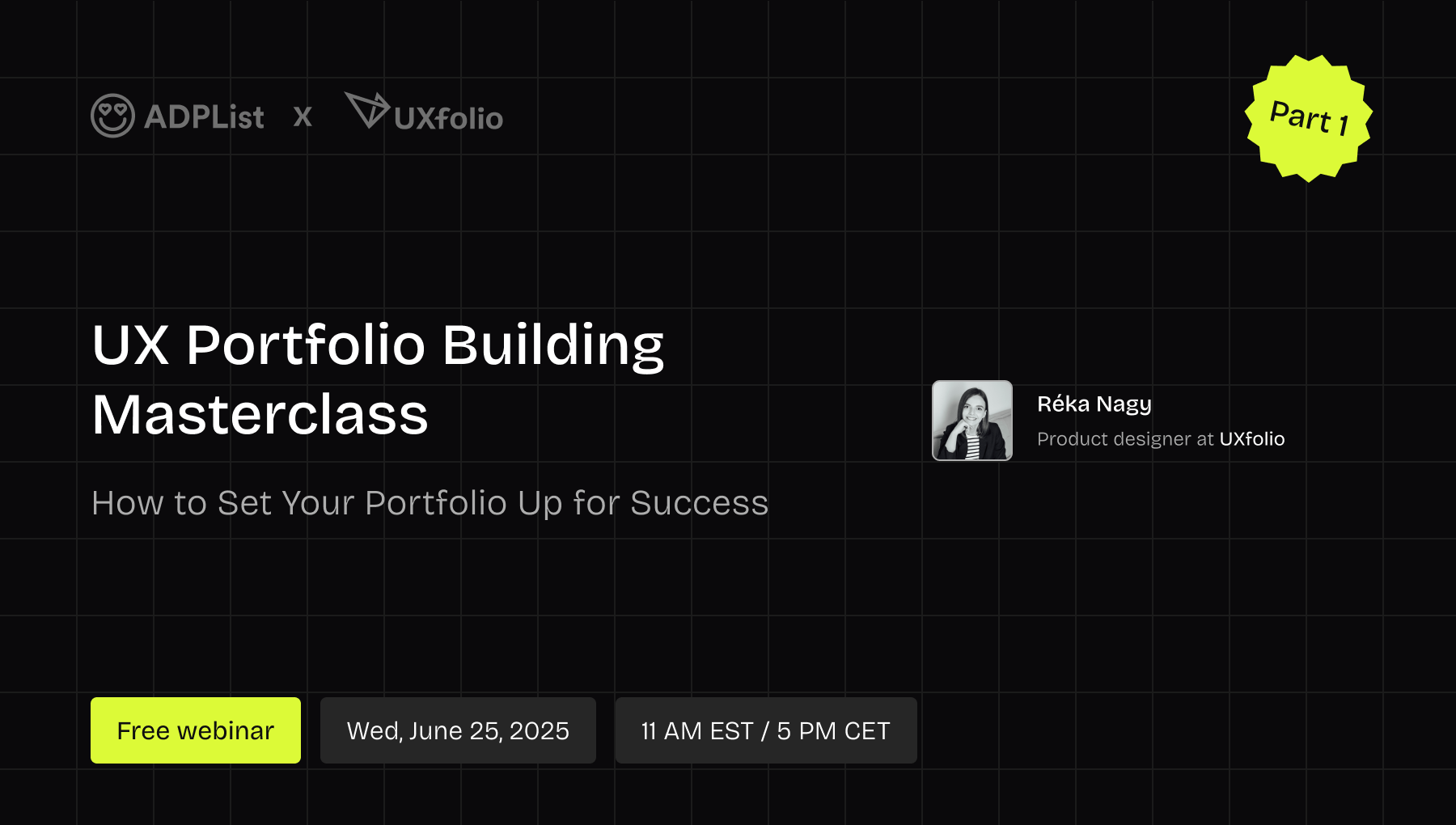 Onabodeh's tweet card. **UX Portfolio Building Masterclass – Part 1: How to Set Your Portfolio Up for Success.** What actually makes a UX portfolio stand out — not just visually, but strategically? Join UXfolio and ADPList...