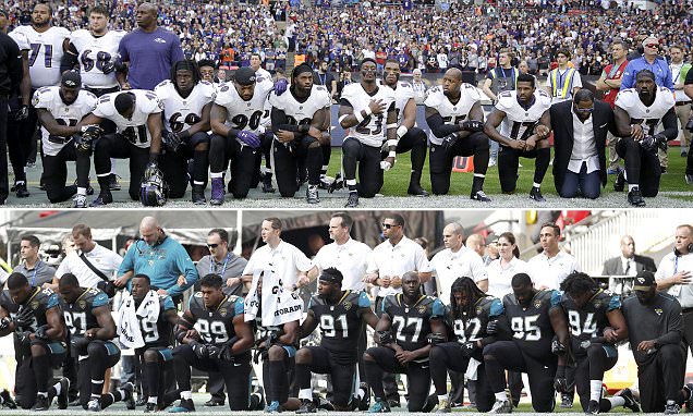 wilsonabula's tweet card. At least 100 American football stars either kneeled or sat during the national anthem after players from both the Jacksonville Jaguars and the Baltimore Ravens took a knee in defiance at Wembley.