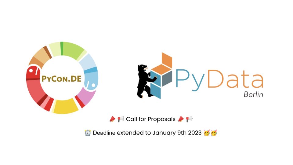 PyConDE's tweet card. We are looking forward to submissions all around the Python language and PyData topics. The CfP will be open until 5th of January 2023..