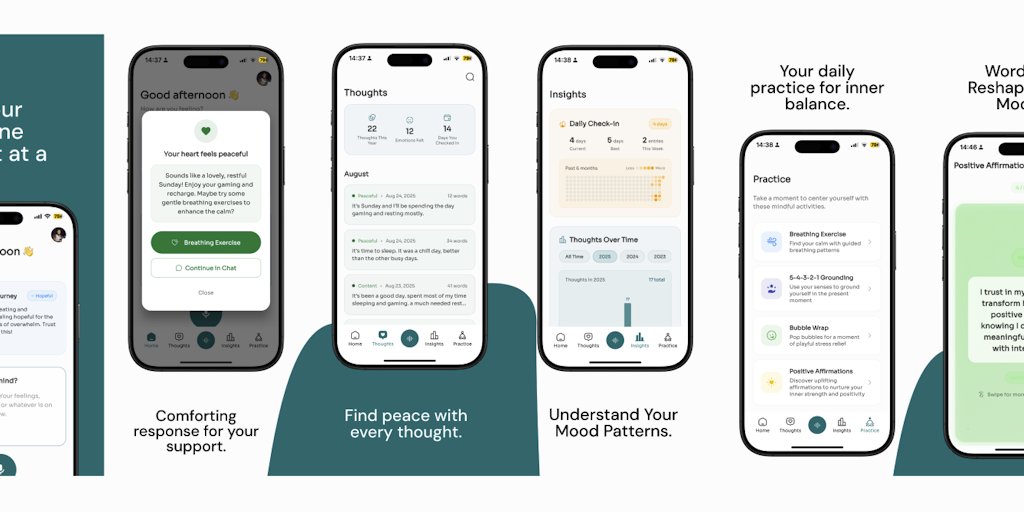 iamjideguru's tweet card. Your mindful companion for emotional well-being. Type or speak your thoughts, receive gentle AI reflections, and watch your moods unfold over time—without pressure.
