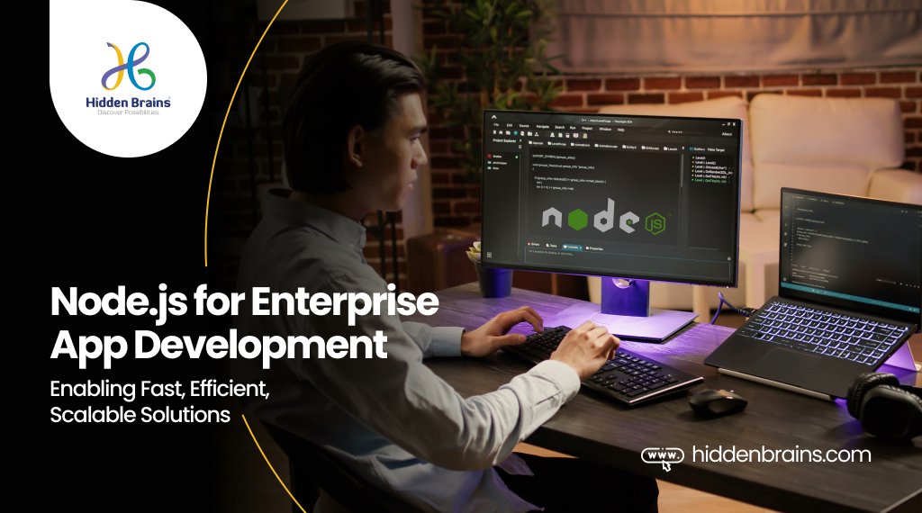 HiddenBrains's tweet card. Explore why NodeJs for enterprise app development excels, its key features, benefits, NPM uses, and major companies leveraging its power for scalable success.