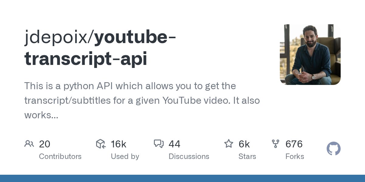 forever7943's tweet card. This is a python API which allows you to get the transcript/subtitles for a given YouTube video. It also works for automatically generated subtitles and it does not require an API key nor a headles...