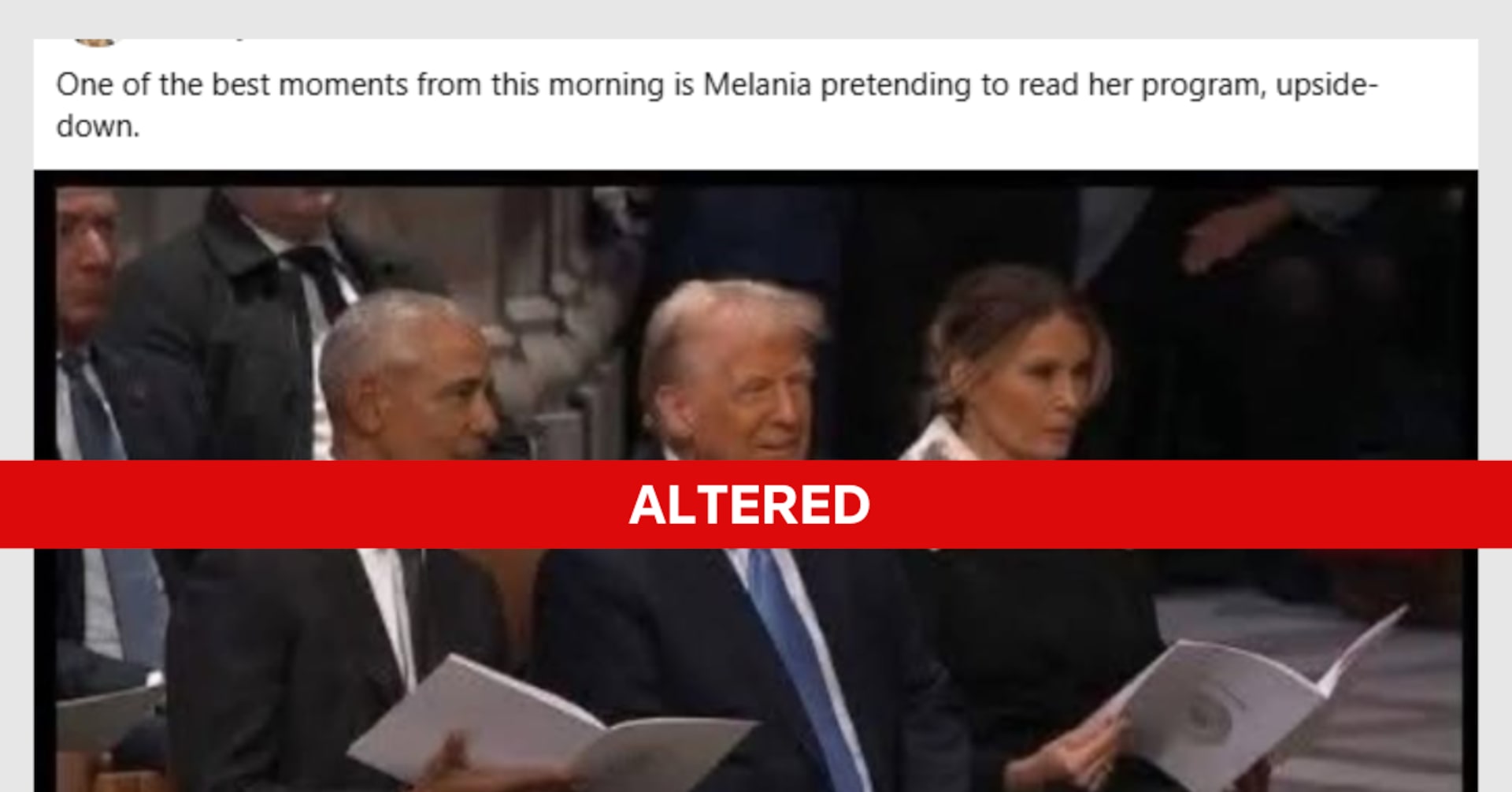 yo7_deb's tweet card. A screenshot taken from NBC News’ coverage of the state funeral for former U.S. President Jimmy Carter has been altered to depict Melania Trump reading the event program upside down while seated in...