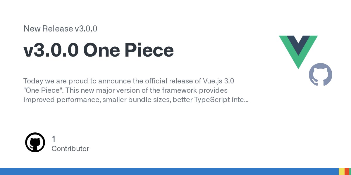 vuejs's tweet card. Today we are proud to announce the official release of Vue.js 3.0 "One Piece". This new major version of the framework provides improved performance, smaller bundle sizes, better TypeScri...