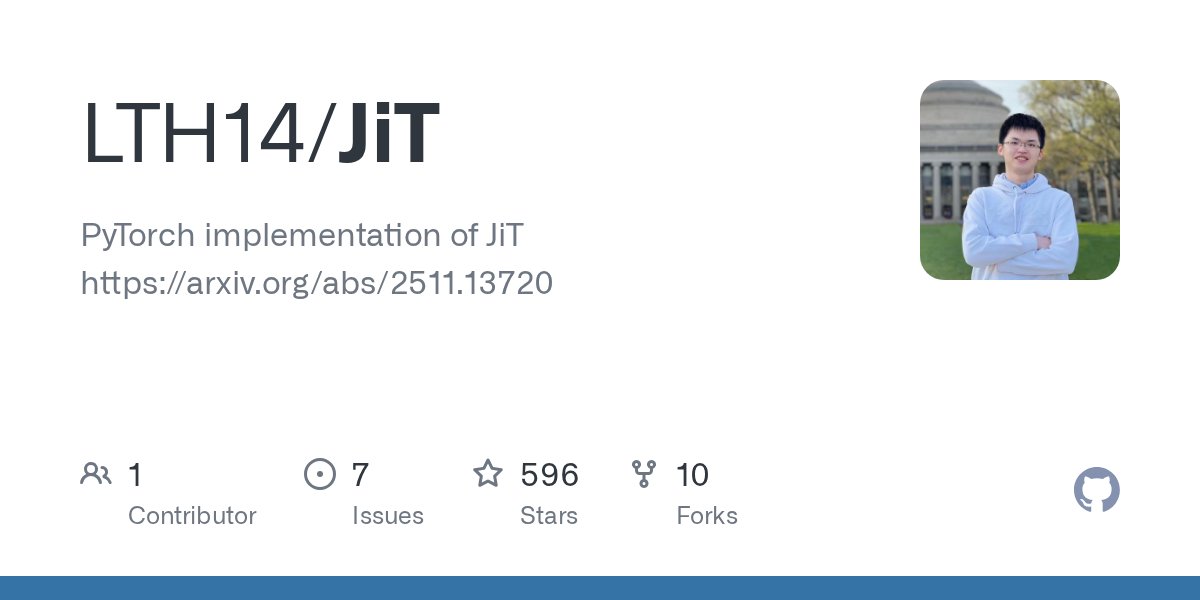 clxymox's tweet card. PyTorch implementation of JiT https://arxiv.org/abs/2511.13720 - LTH14/JiT