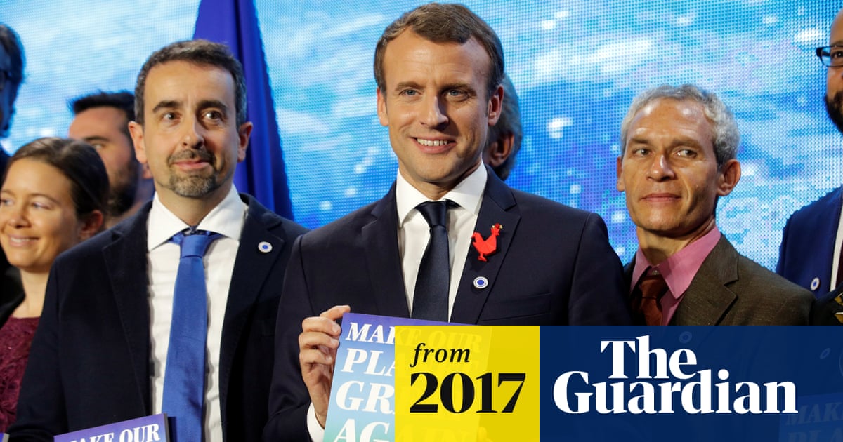 guardian's tweet card. France’s president awards millions of euros to 18 American scientists to relocate in effort to counter Donald Trump on the climate change front