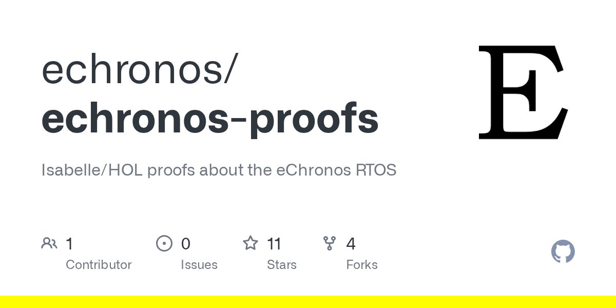 echronosrtos's tweet card. Isabelle/HOL proofs about the eChronos RTOS. Contribute to echronos/echronos-proofs development by creating an account on GitHub.