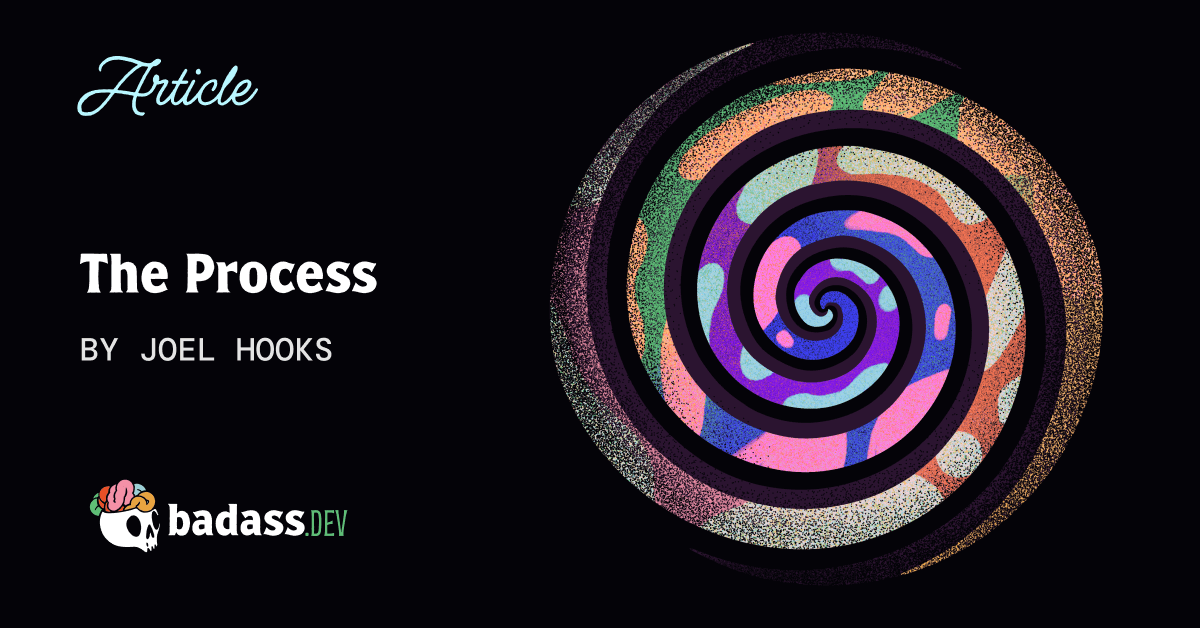 joelhooks's tweet card. The Process 🌀 we use to build Badass courses: Research, Design, Production, and Delivery