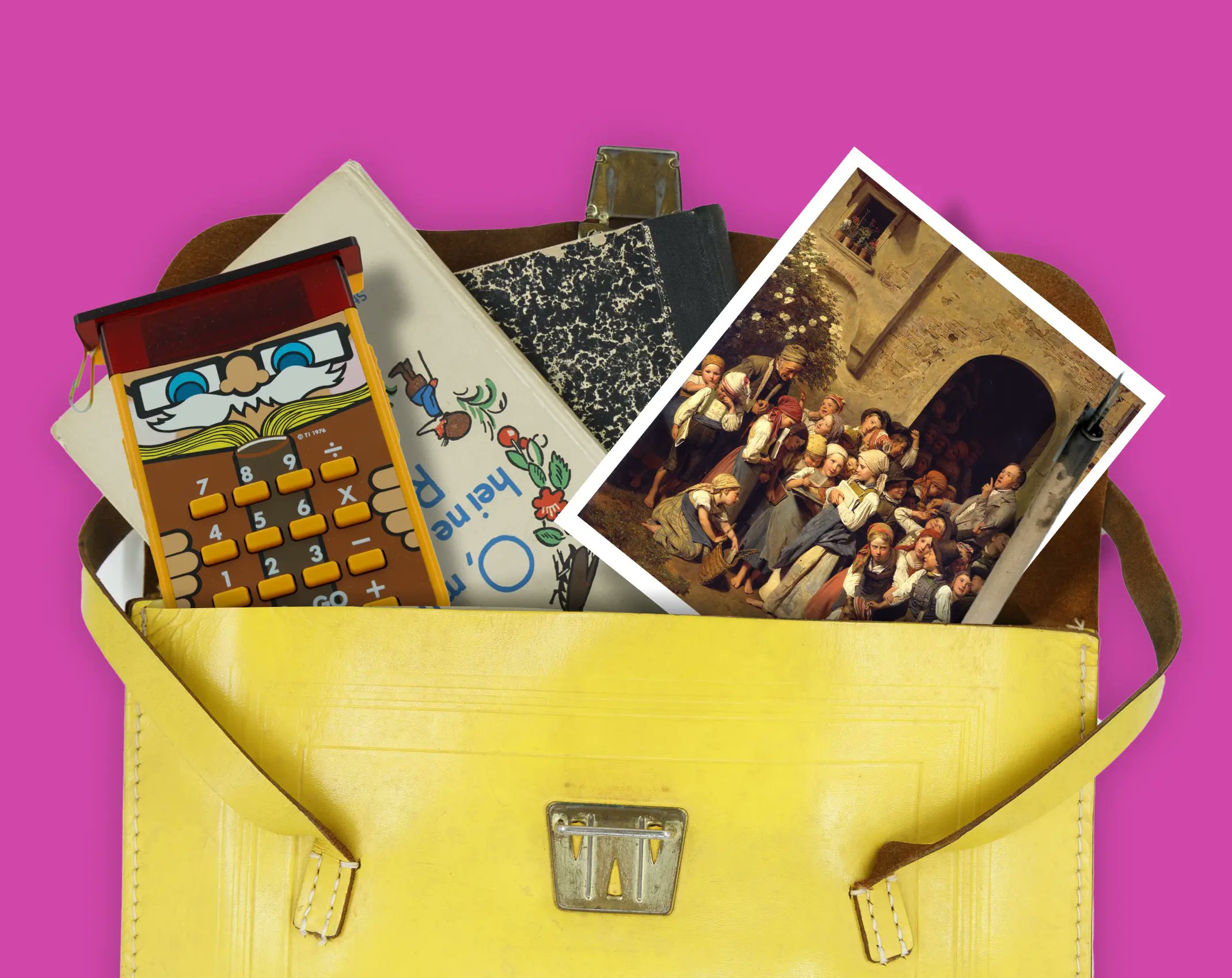 DMoLearning's tweet card. Ready to discover the fascinating world of school bags? From silver to wood, some were even sleds! Follow the timeline to see how they’ve evolved and what school looked like back then. Discover how...