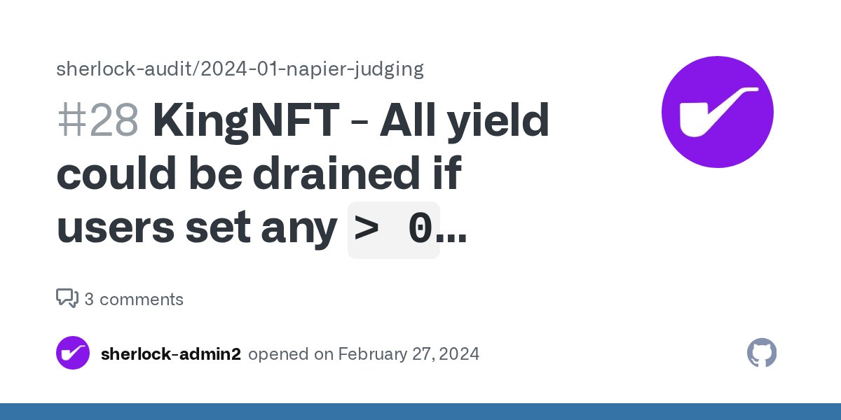 Audix_hq's tweet card. KingNFT high All yield could be drained if users set any > 0 allowance to others Summary Tranche.redeemWithYT() is not well implemented, all yield could be drained if users set any > 0 allowa...