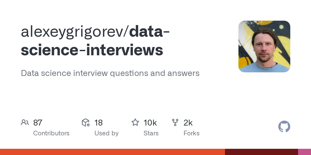 MLRepositories's tweet card. Data science interview questions and answers. Contribute to alexeygrigorev/data-science-interviews development by creating an account on GitHub.