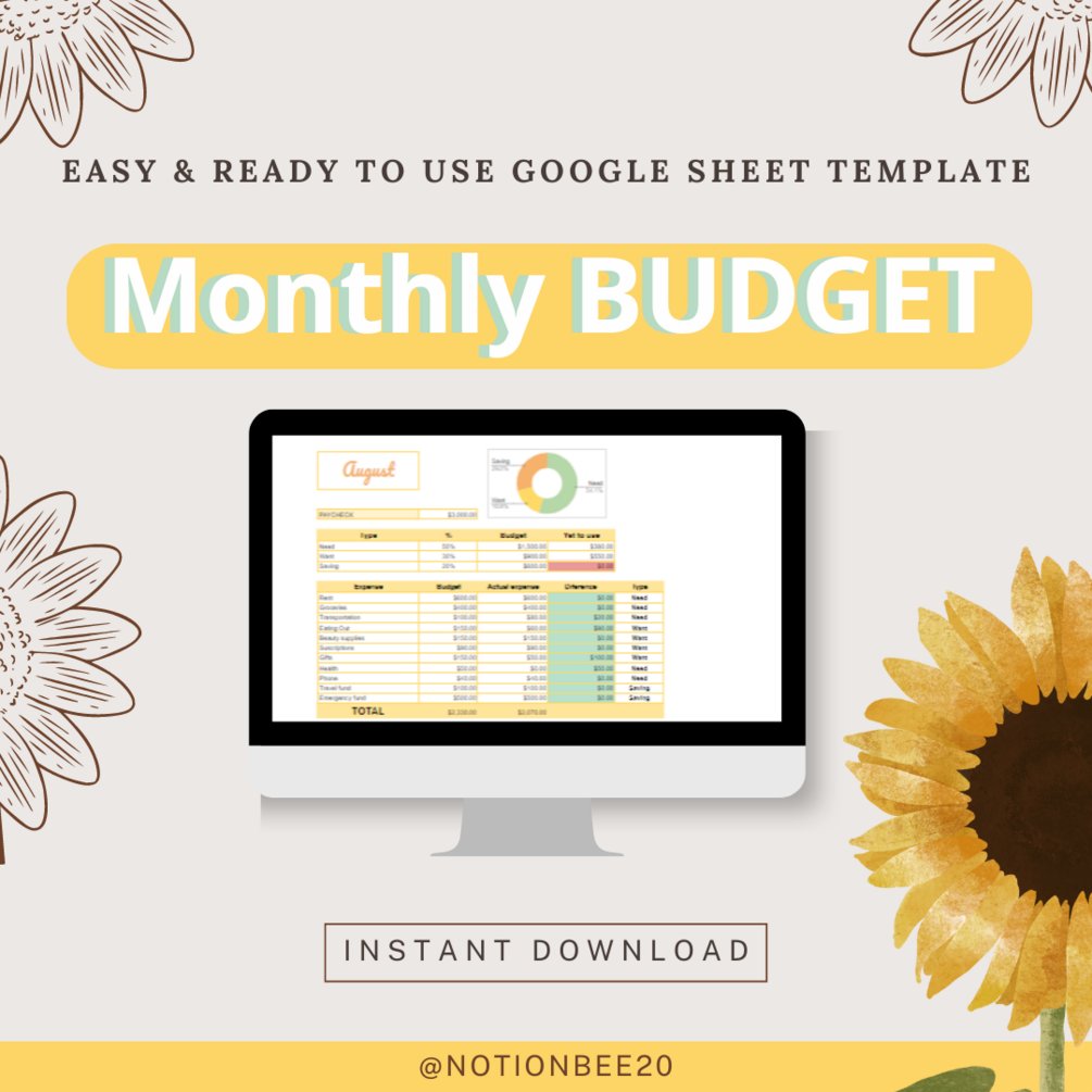 notionbee20's tweet card. What is the benefit of this template?With this monthly budget, you will be able to continuously monitor your expenses, giving you a clear picture of how your money is distributed. You will help ide...