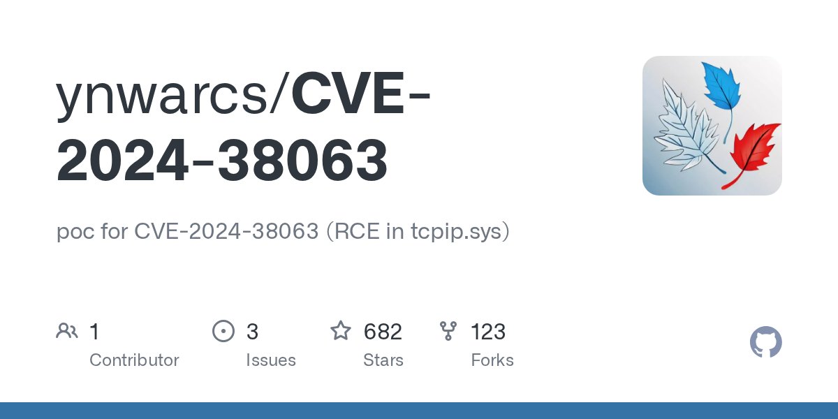 cyb3rops's tweet card. poc for CVE-2024-38063 (RCE in tcpip.sys). Contribute to ynwarcs/CVE-2024-38063 development by creating an account on GitHub.
