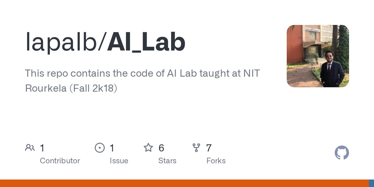 vsemwal's tweet card. This repo contains the code of AI Lab taught at NIT Rourkela (Fall 2k18) - GitHub - lapalb/AI_Lab: This repo contains the code of AI Lab taught at NIT Rourkela (Fall 2k18)