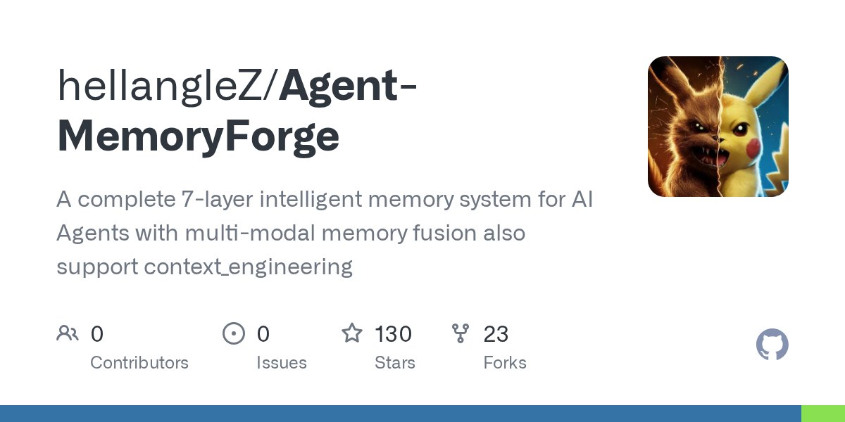 TheAIWorker's tweet card. A complete 7-layer intelligent memory system for AI Agents with multi-modal memory fusion also support context_engineering - hellangleZ/Agent-MemoryForge