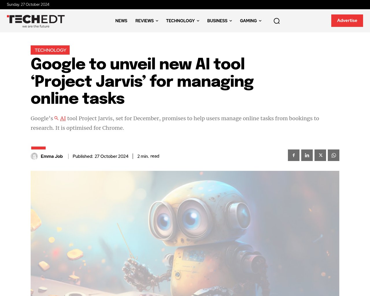 managetech_inc's tweet card. GoogleがProject Jarvisという強力な新しいAIアシスタントを導入する予定 JarvisはGo