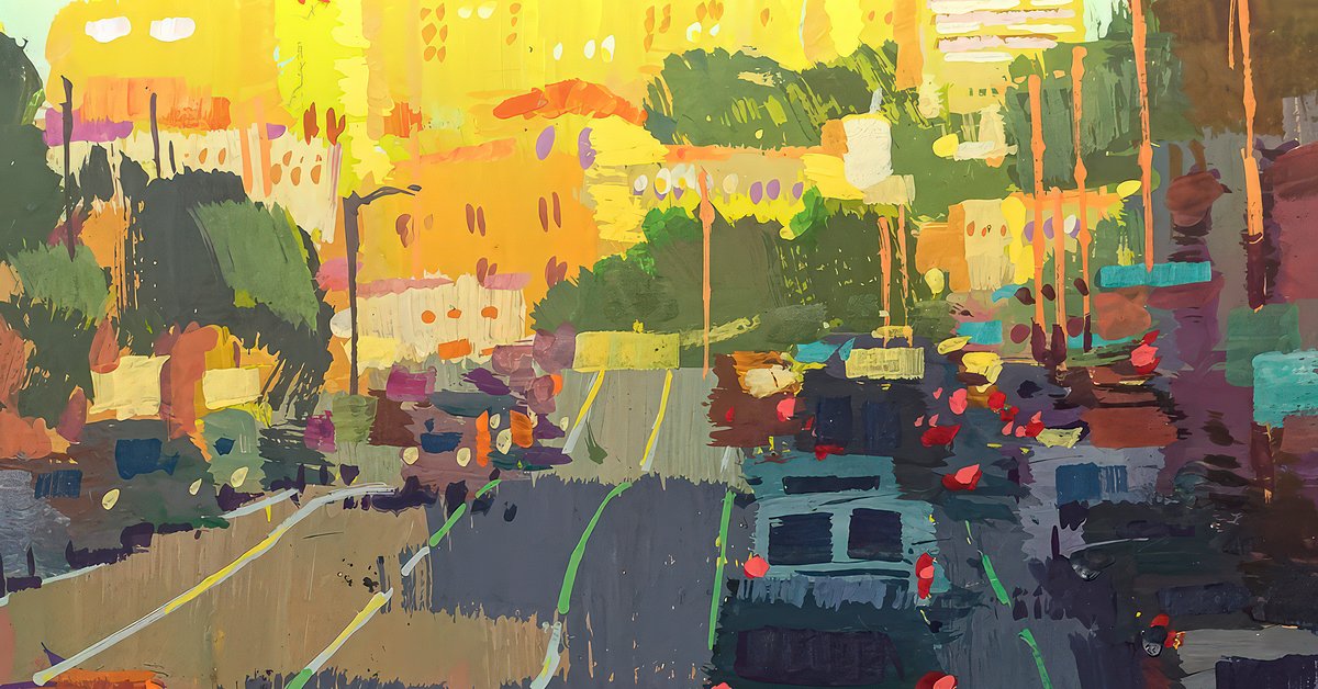 tommykimart's tweet card. Learn how to paint your surroundings by exploring gouache techniques to create a detailed cityscape filled with color and texture