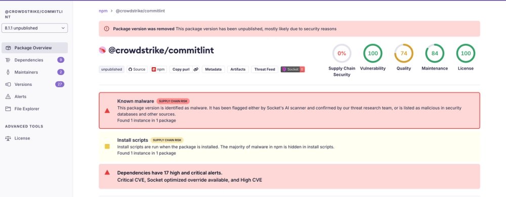 gibbok_coding's tweet card. Socket detected multiple compromised CrowdStrike npm packages, continuing the "Shai-Hulud" supply chain attack that has now impacted nearly 500 packag...