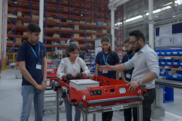 electronic_buzz's tweet card. Addverb, a global robotics and automation leader, is collaborating with top institutions like IITs, NAMTECH, and NIIT Neemrana, Rajasthan.