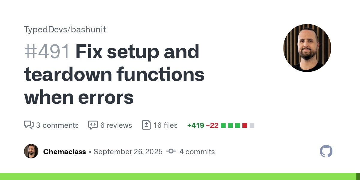 bashunit's tweet card. 📚 Description Closes: #489 by @carlfriedrich If there would be an error in set_up_before_script or similars, then bashunit crash and does not continue with the tests; also, it does not give any fe...