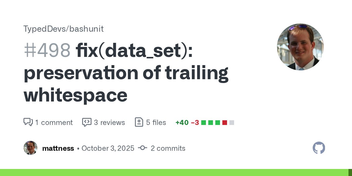 bashunit's tweet card. 📚 Description Fixes #497 Problem data_set was not preserving trailing whitespace in its final argument. For example, data_set "value " or data_set "value " wo...