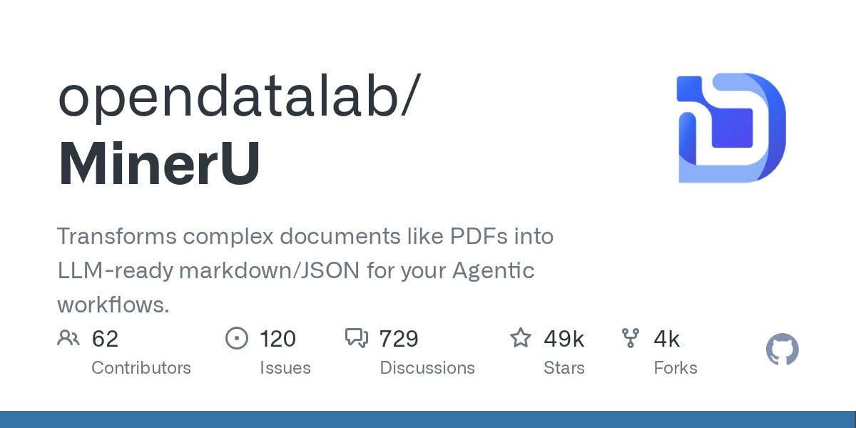 github_trends's tweet card. Transforms complex documents like PDFs into LLM-ready markdown/JSON for your Agentic workflows. - opendatalab/MinerU