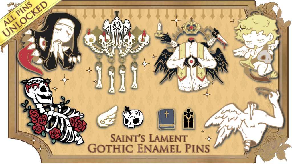 ANMouseWrites's tweet card. A collection of goth pins inspired by Catholic iconography, mixing horror, cute, and eldritch aesthetics.