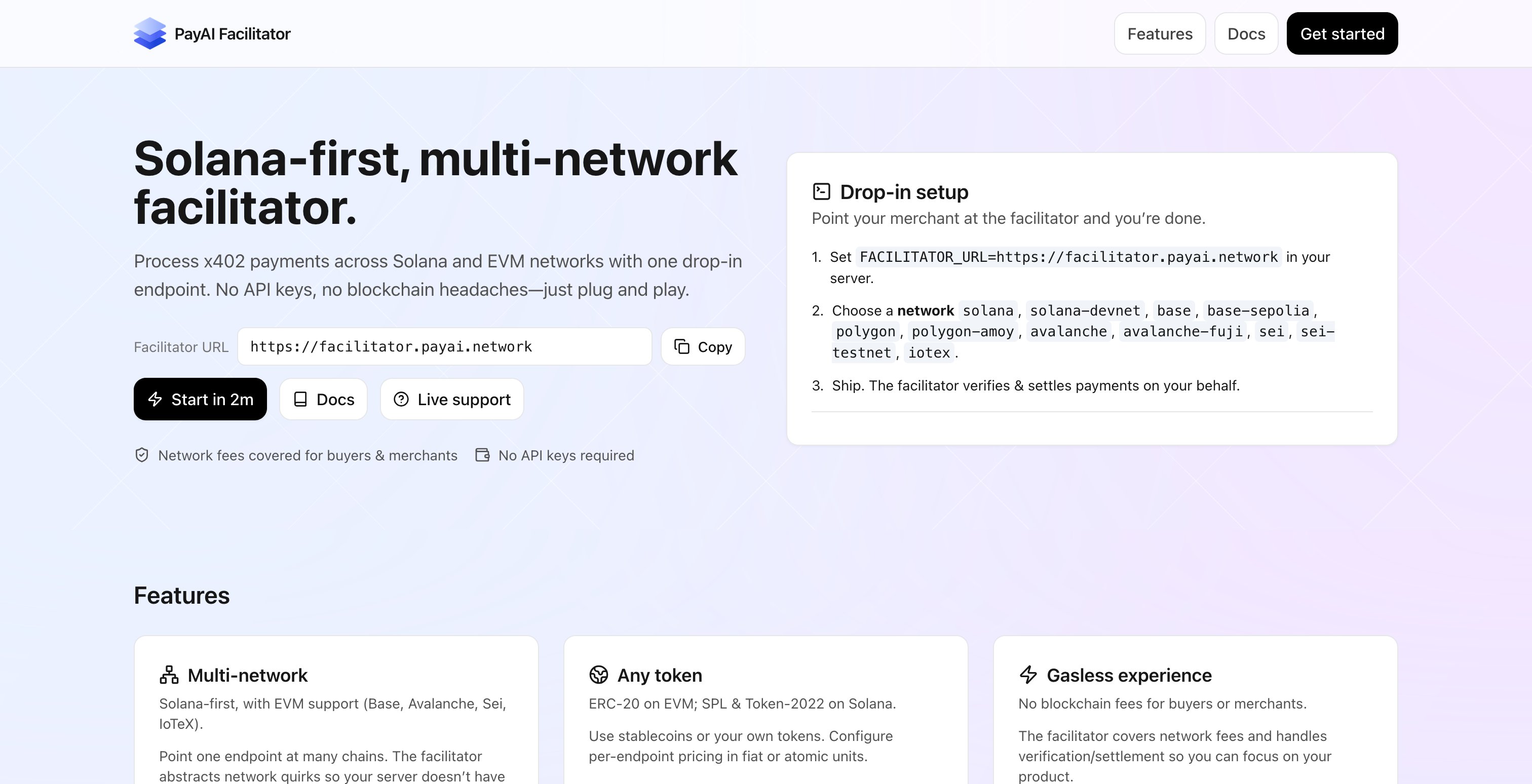 PayAINetwork's tweet card. Process x402 payments across Solana and EVM networks with one drop‑in endpoint. No API keys. Fees covered for a gasless buyer/merchant experience.