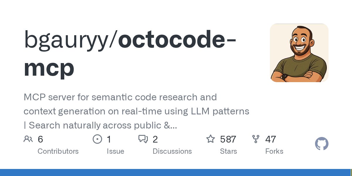 AwesomeMCP's tweet card. MCP server for semantic code research and context generation on real-time using LLM patterns | Search naturally across public & private repos based on your permissions | Transform any acces...
