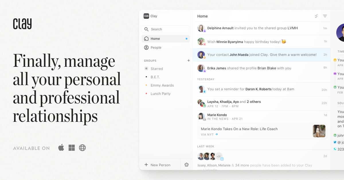 garrytan's tweet card. Clay is a beautiful rolodex and CRM for iPhone, Mac, Windows, and web, built automatically to help you manage your personal and professional relationships.