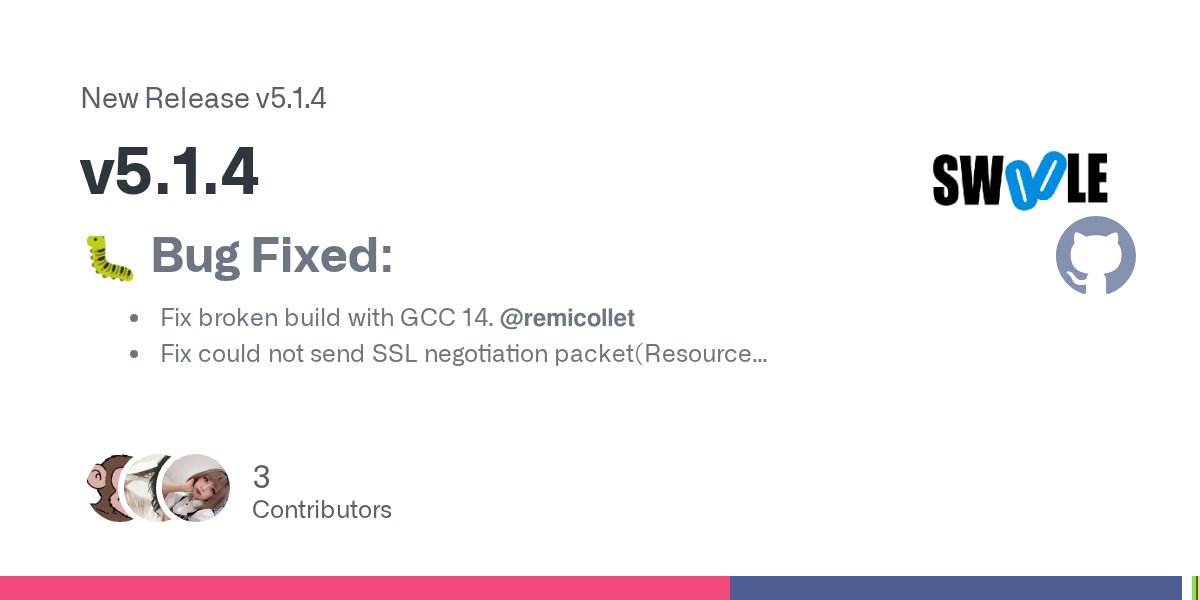 phpswoole's tweet card. 🐛 Bug Fixed: Fix broken build with GCC 14. @remicollet Fix could not send SSL negotiation packet(Resource temporarily unavailable). @NathanFreeman Fix the issue where certain critical parameters o...