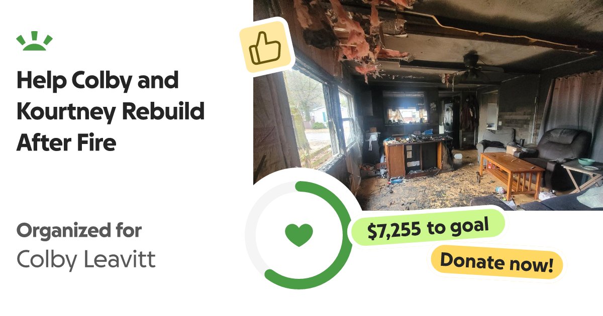 DhampirVoorhees's tweet card. On March 31,2025 at appx 8 am colby and kourtney lost their home and everyt… Monica chilcote needs your support for Help Colby and Kourtney Rebuild After Fire