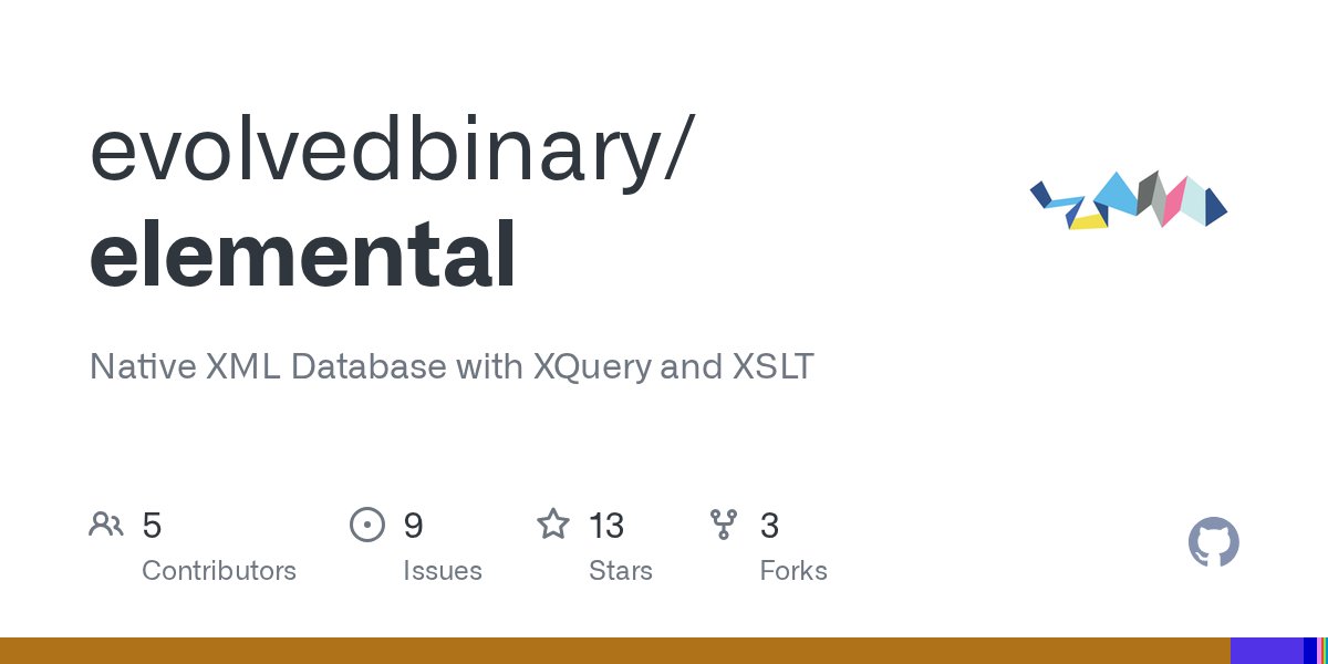 edbnosql's tweet card. Native XML Database with XQuery and XSLT. Contribute to evolvedbinary/elemental development by creating an account on GitHub.