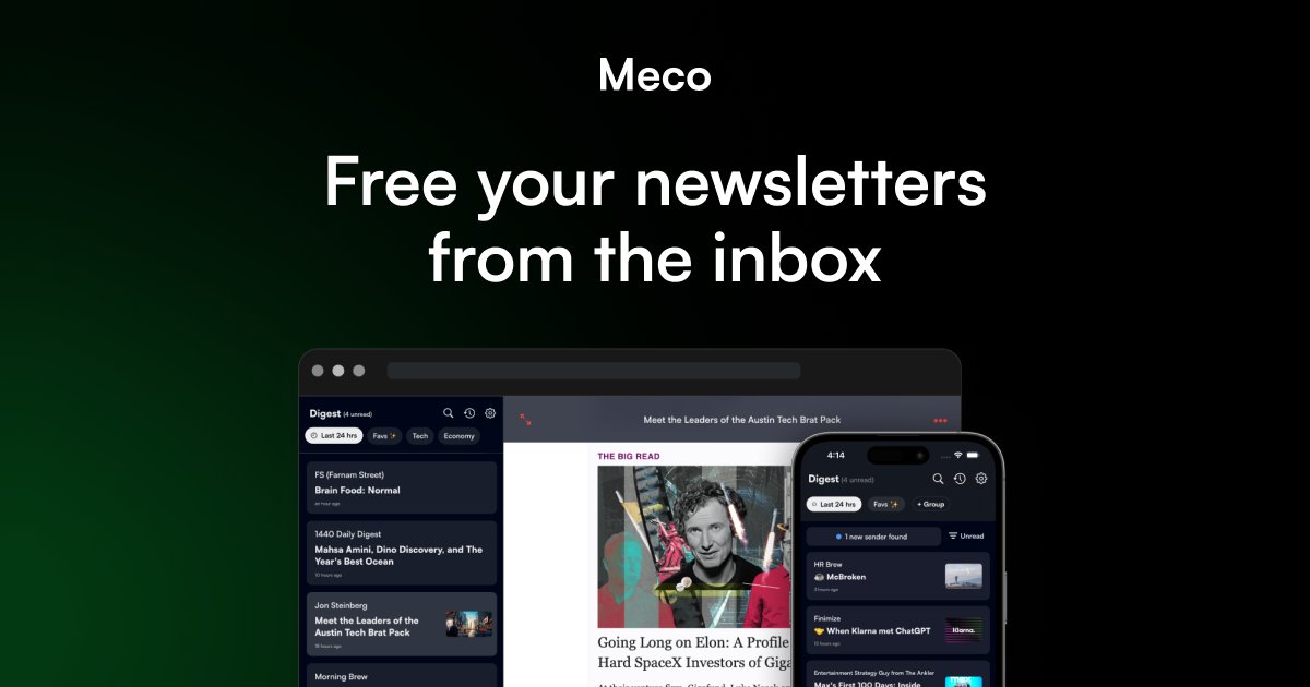 alifcoder's tweet card. Meco app is your space to read newsletters outside the inbox. Add your newsletters in seconds and liberate your inbox today.