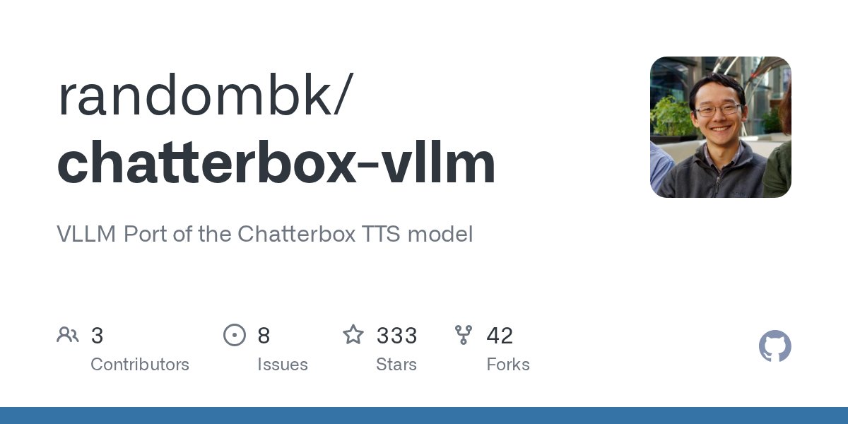jandotai's tweet card. VLLM Port of the Chatterbox TTS model. Contribute to randombk/chatterbox-vllm development by creating an account on GitHub.