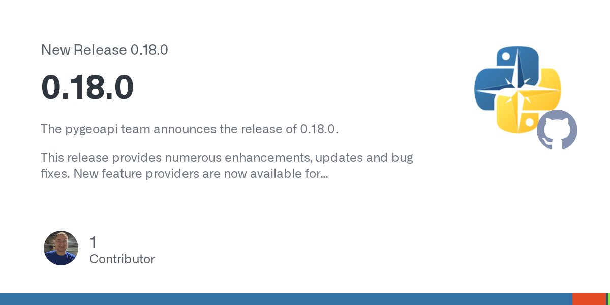 pygeoapi's tweet card. The pygeoapi team announces the release of 0.18.0. This release provides numerous enhancements, updates and bug fixes. New feature providers are now available for Parquet/GeoParquet and TinyDB, as ...