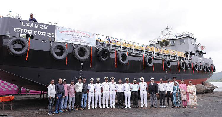 SPsNavalForces's tweet card. Launch ceremony of 11th ACTCM Barge, LSAM 25 (Yard 135) was held on September 8, 2025 at Suryadipta Projects Pvt Ltd, Thane.