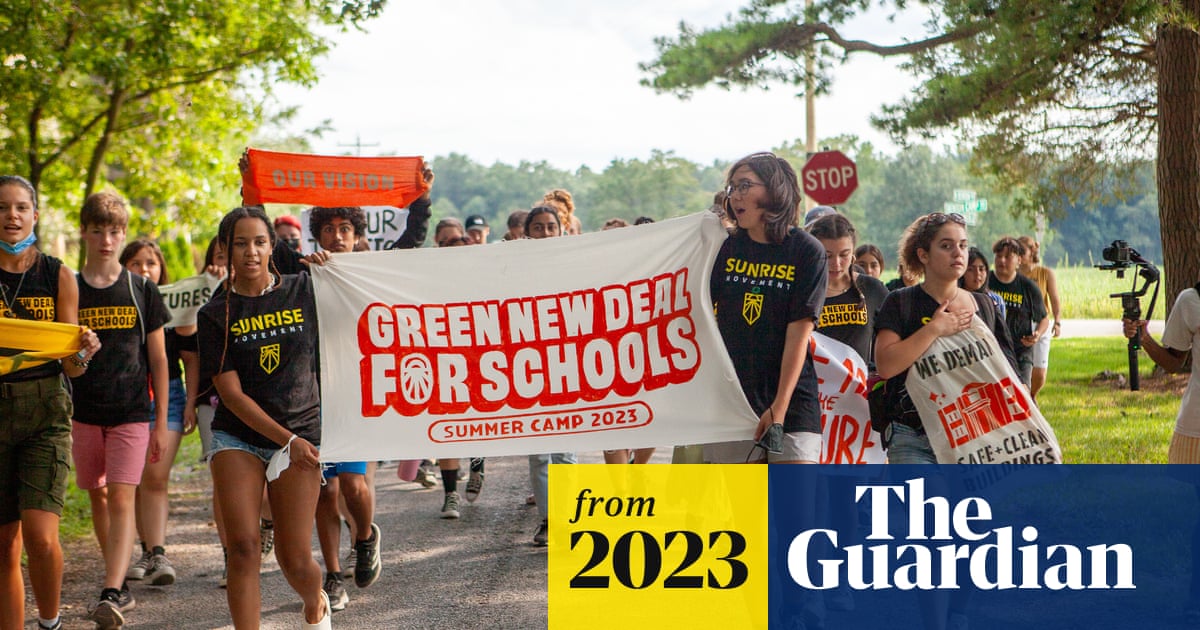 guardianeco's tweet card. Green New Deal for Schools demands districts teach climate justice, update buildings and plan for extreme weather