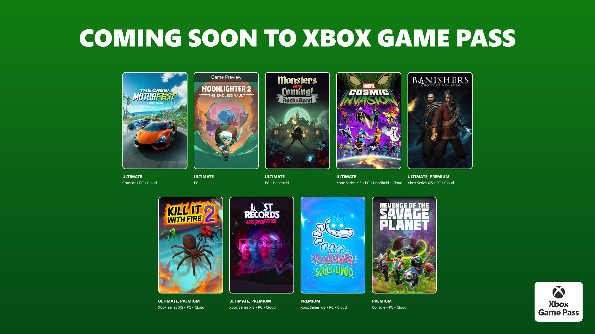 XboxWire's tweet card. Coming soon to Game Pass: Fortnite Crew, The Crew Motorfest, Moonlighter 2: The Endless Vault, and more!