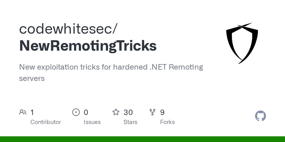 codewhitesec's tweet card. New exploitation tricks for hardened .NET Remoting servers - codewhitesec/NewRemotingTricks