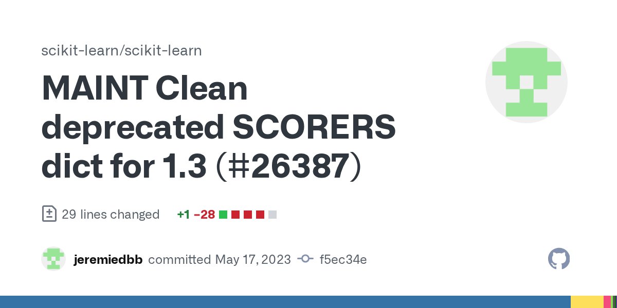 sklearn_commits's tweet card. MAINT Clean deprecated SCORERS dict for 1.3 (#26387) · scikit-learn/scikit-learn@f5ec34e