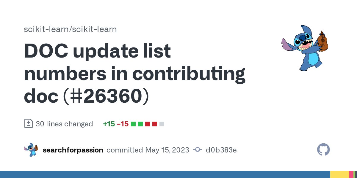 sklearn_commits's tweet card. DOC update list numbers in contributing doc (#26360) · scikit-learn/scikit-learn@d0b383e