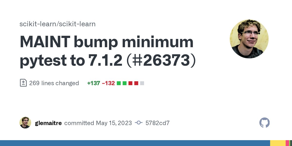 sklearn_commits's tweet card. MAINT bump minimum pytest to 7.1.2 (#26373) · scikit-learn/scikit-learn@5782cd7