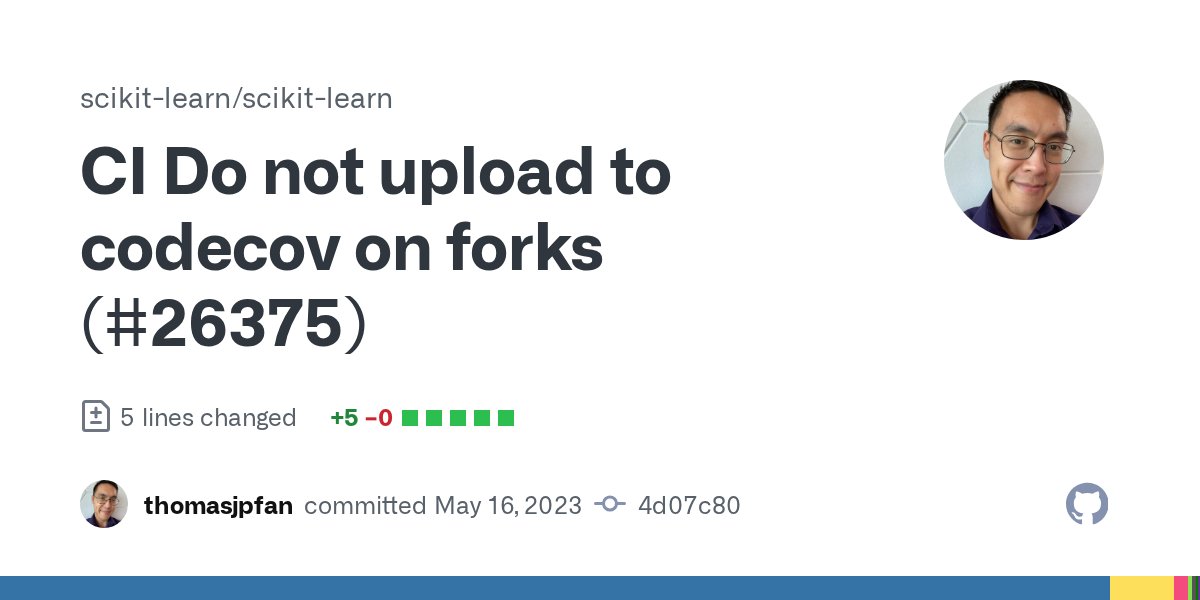 sklearn_commits's tweet card. CI Do not upload to codecov on forks (#26375) · scikit-learn/scikit-learn@4d07c80