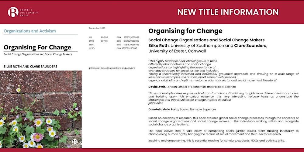 BrisUniPress's tweet card. Come along to the launch of Organising for Change: Social Change Makers & Social Change Organisations, by Profs Clare Saunders & Silke Roth!