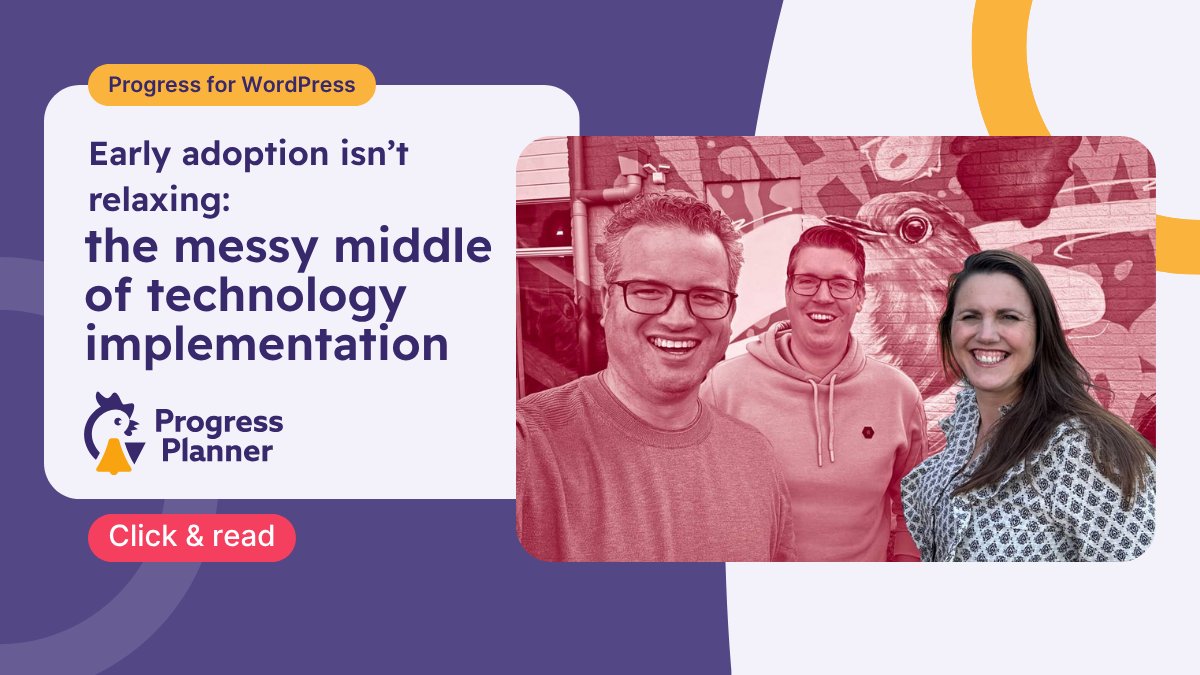 MyProgressPlan's tweet card. Tech adoption slows when human habits and errors get in the way. Learn how this plays out inside WordPress.