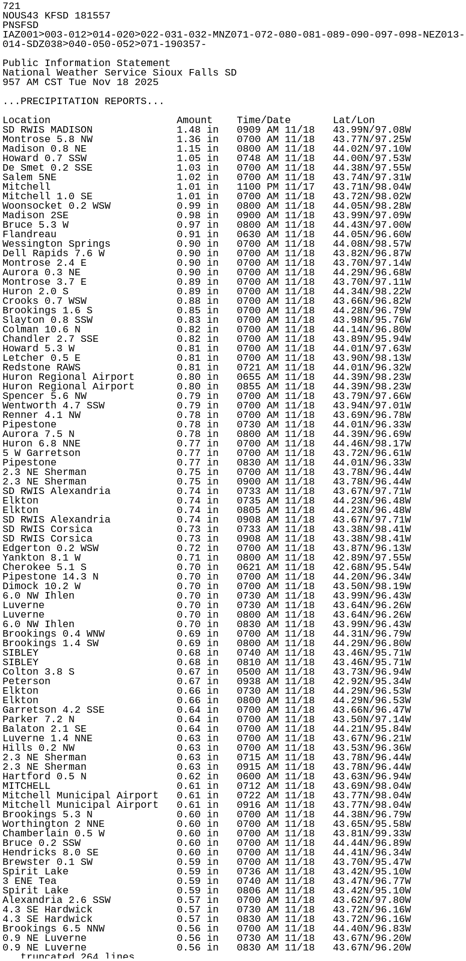 Natester1986's tweet card. PNS issued by NWS FSD at 18 Nov 2025 15:57 UTC
